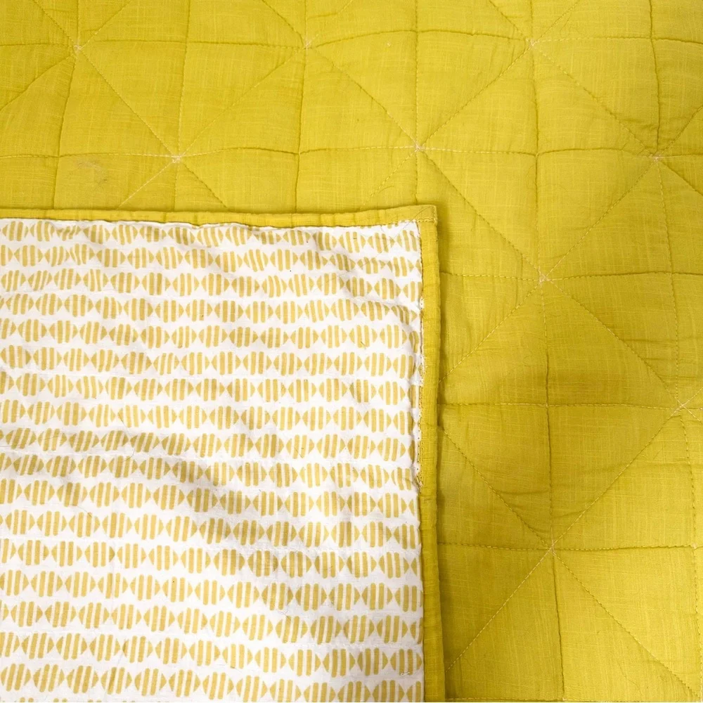 West Elm Two Euro Pillow Shams Quilted Square Horseradish Yellow Green — 26”x26”